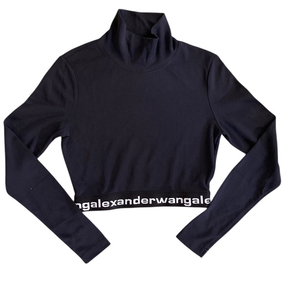 Alexander Wang Logo Elastic Cropped Mock Neck Top Long Sleeve Black - Picture 10 of 15